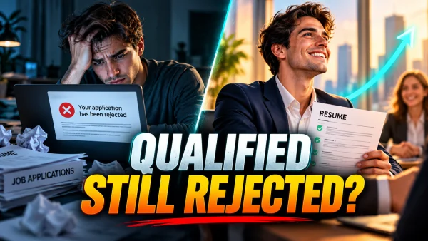 A qualified job seeker faces rejection beside a confident version holding a resume